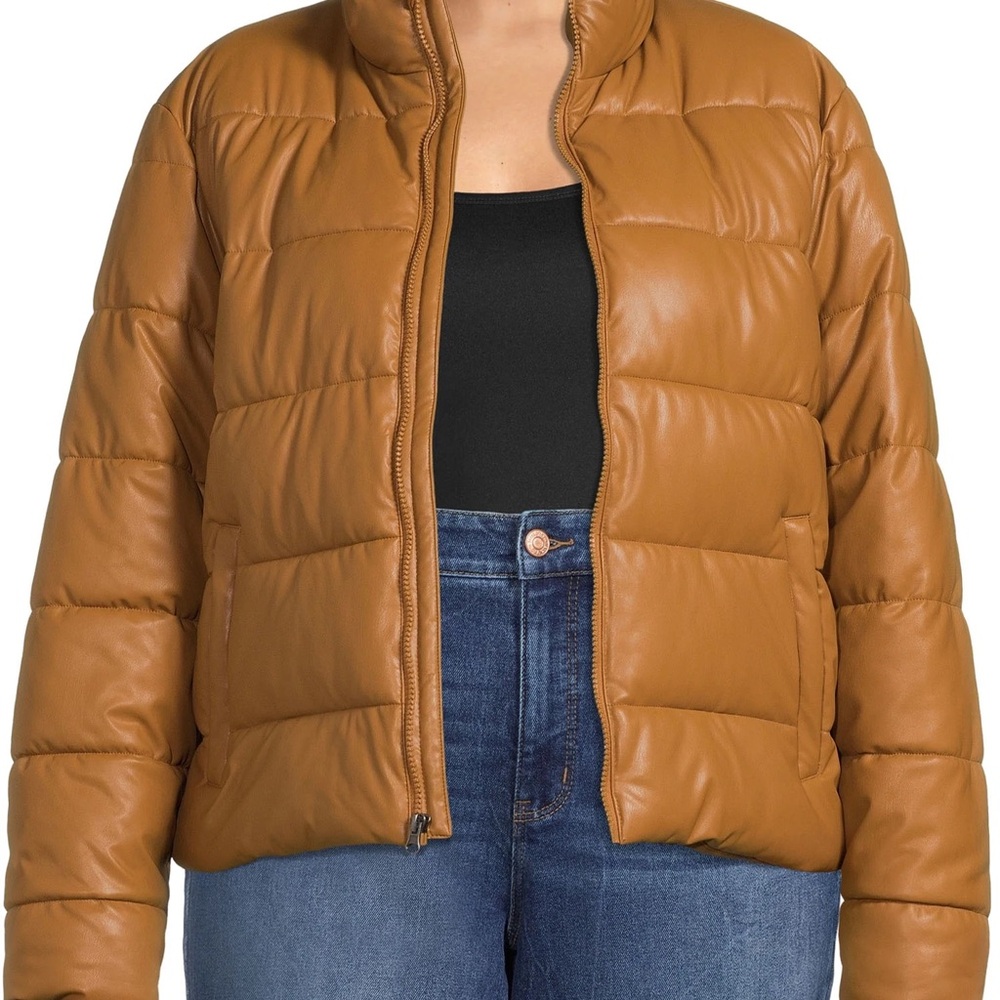 Time and Tru Cognac Faux Leather Puffer Jacket